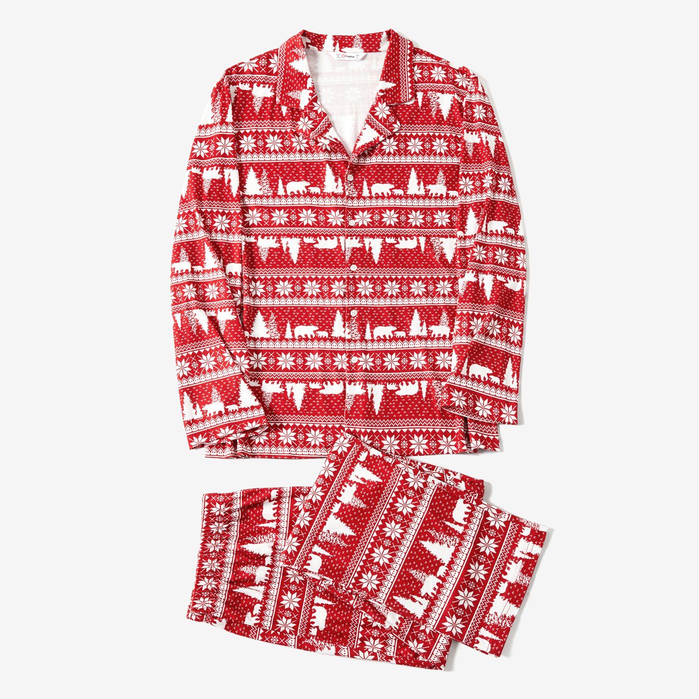 Christmas Tree & Bear Print Notched Collar Button-down Shirt And Pants Family Matching Pajamas Sets (Flame Resistant)