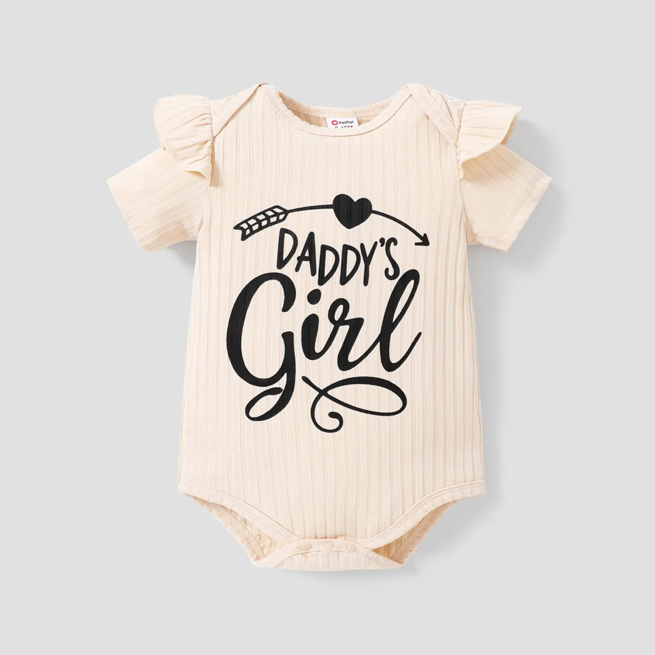 Baby Girl Letter Print Ribbed Ruffle Short-sleeve Romper Apricot big image 1