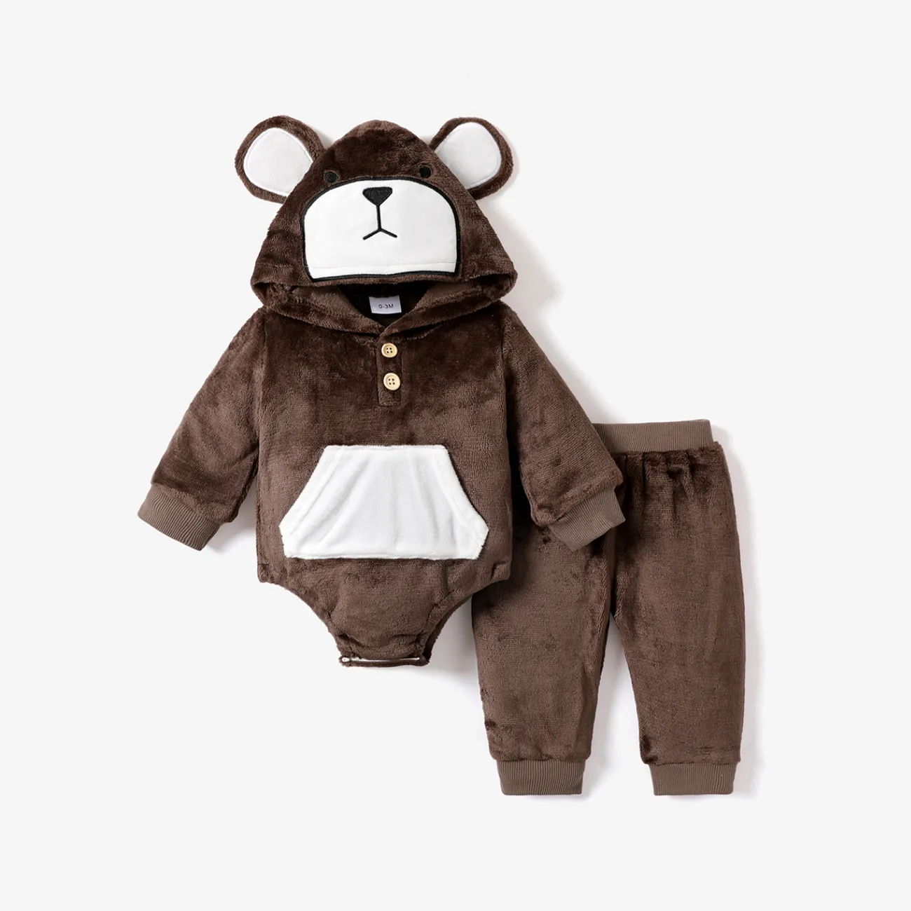 2pcs Baby Cartoon Bear 3D Ears Hooded Long-sleeve Thickened Fleece Romper and Pants Set Khaki big image 1