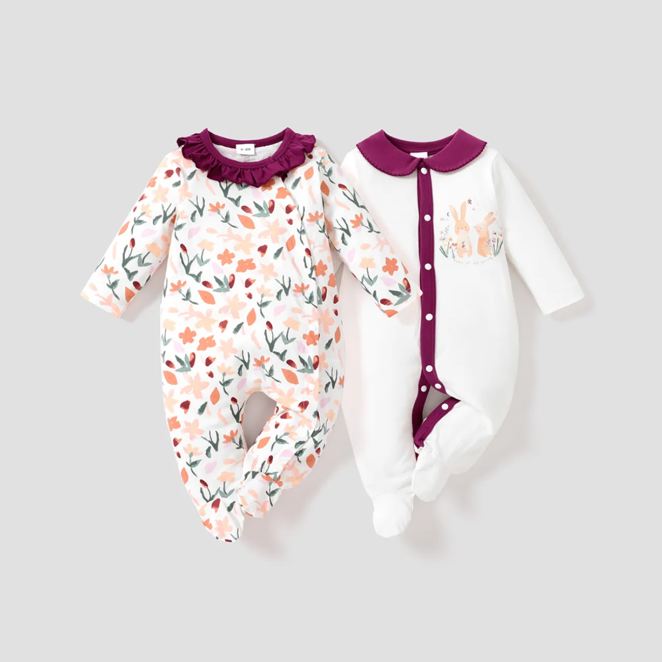 100% Cotton Rabbit and Floral Print White Baby Jumpsuit Multi-color big image 1