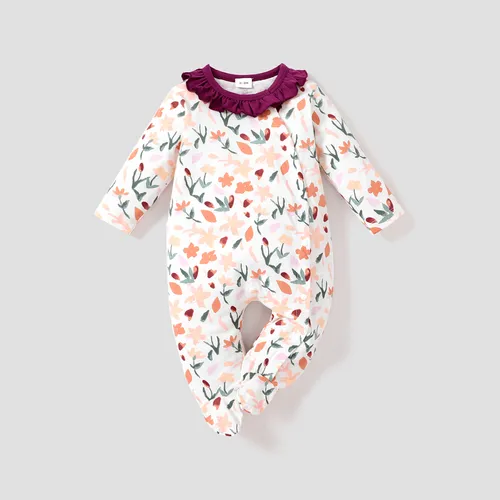 100% Cotton Rabbit and Floral Print White Baby Jumpsuit