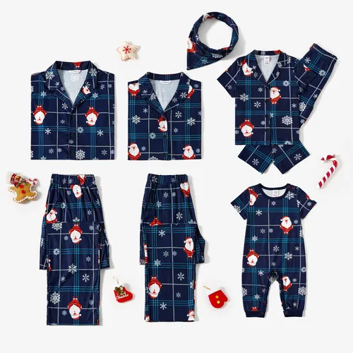 Christmas Santa & Snowflake Print Notched Collar button-down Shirt and Pants Family Matching Pajamas Sets (Flame Resistant)
