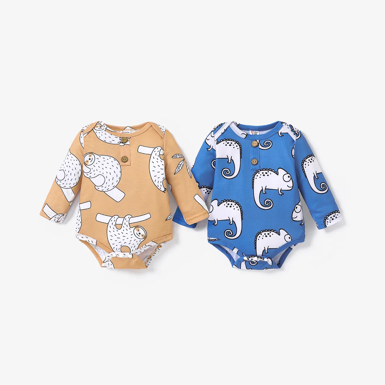 Baby Boy Apricot/Blue All Over Animal Print Long-sleeve Romper Apricot big image 1