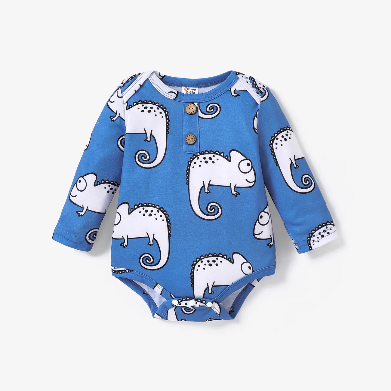 Baby Boy Apricot/Blue All Over Animal Print Long-sleeve Romper Blue big image 1