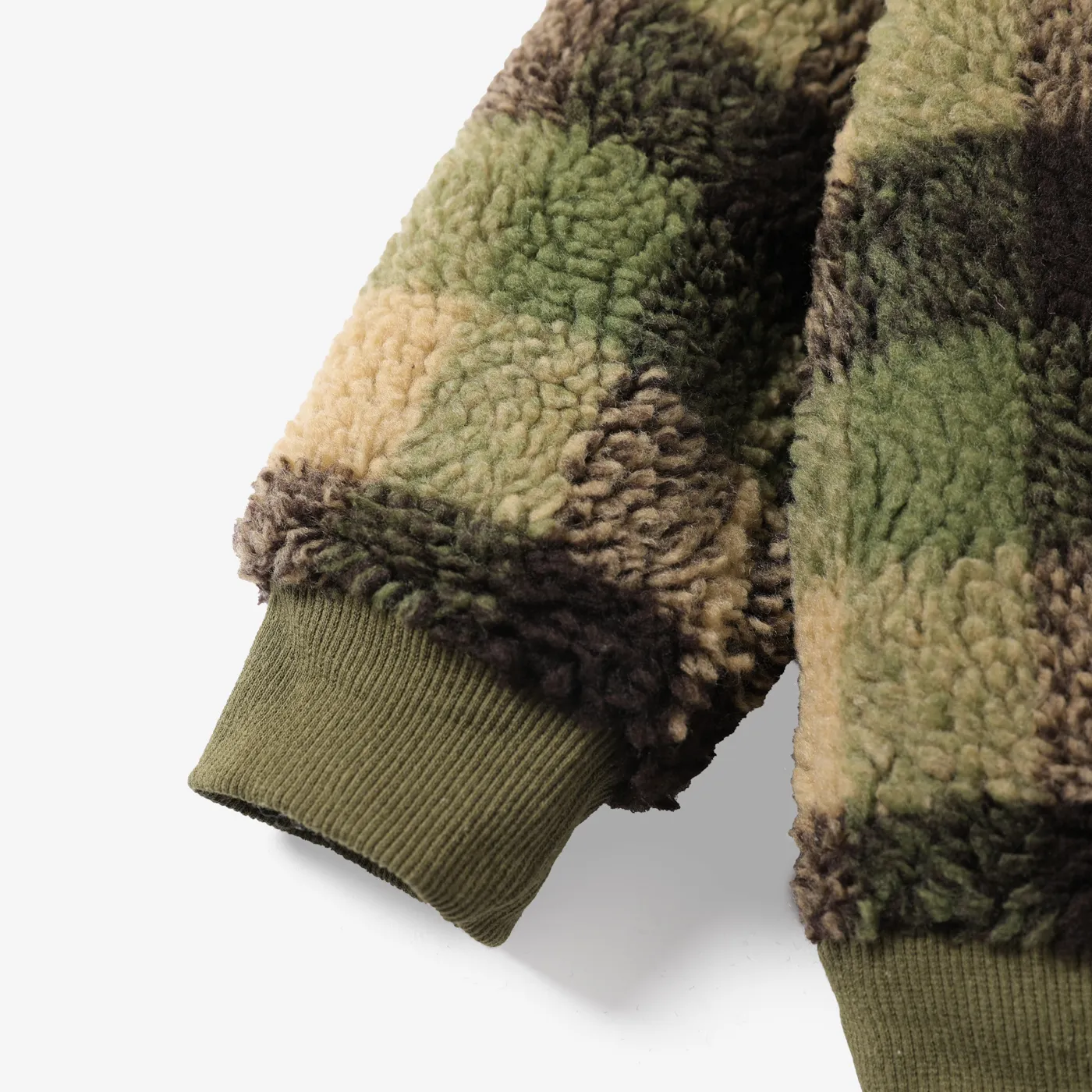 2-piece Toddler Boy Plaid Fuzzy Pullover Sweatshirt and Pants Set Army green image 3