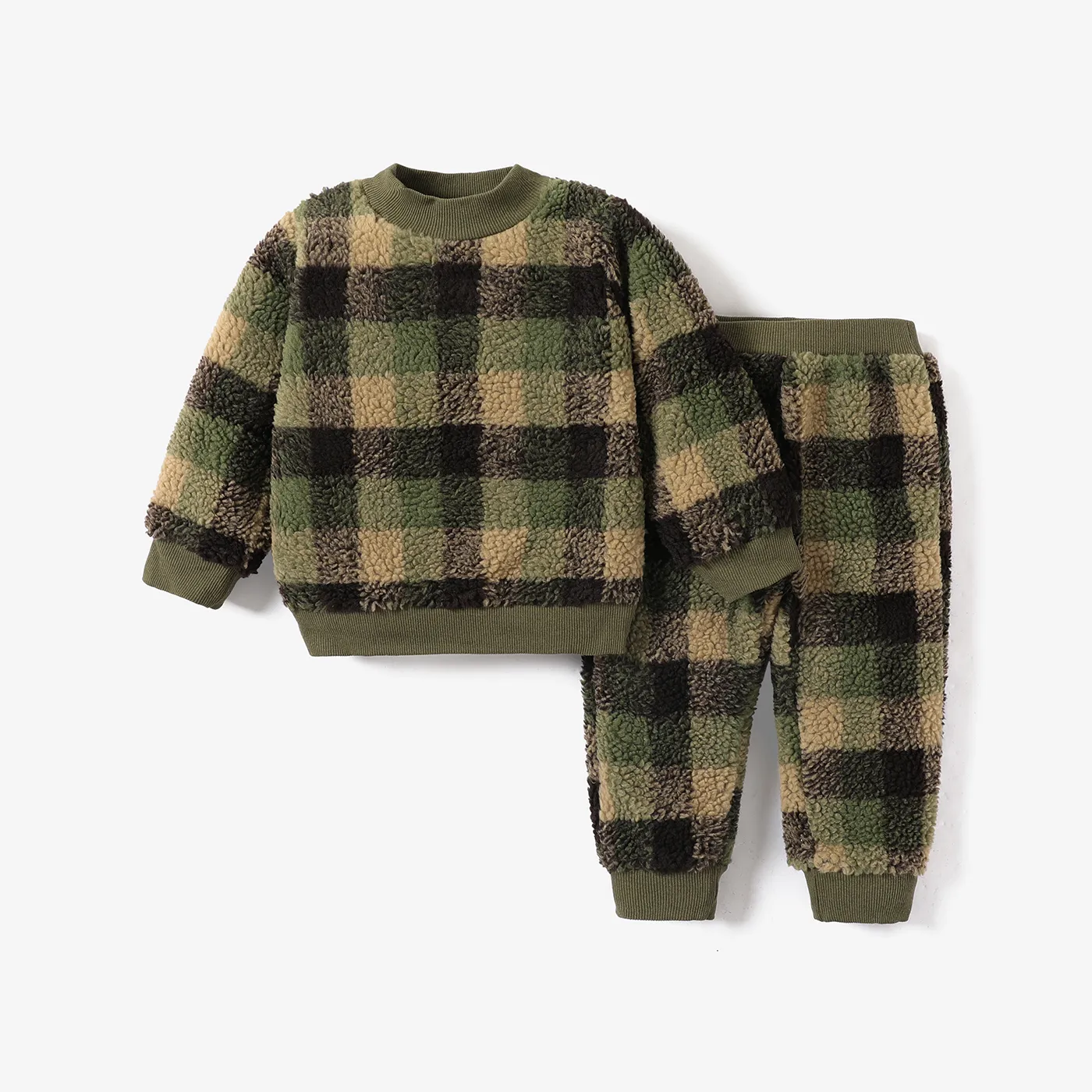 2-piece Toddler Boy Plaid Fuzzy Pullover Sweatshirt and Pants Set Army green big image 1