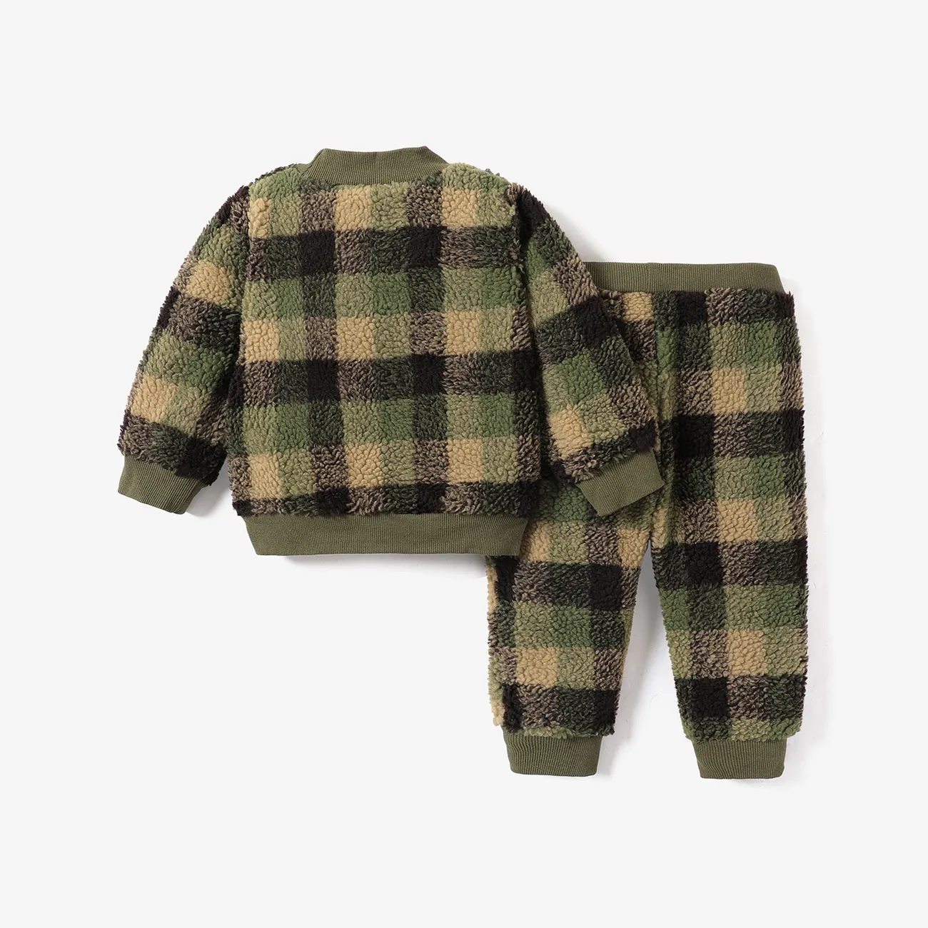 2-piece Toddler Boy Plaid Fuzzy Pullover Sweatshirt and Pants Set Army green big image 1