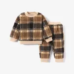 2-piece Toddler Boy Plaid Fuzzy Pullover Sweatshirt and Pants Set Coffee