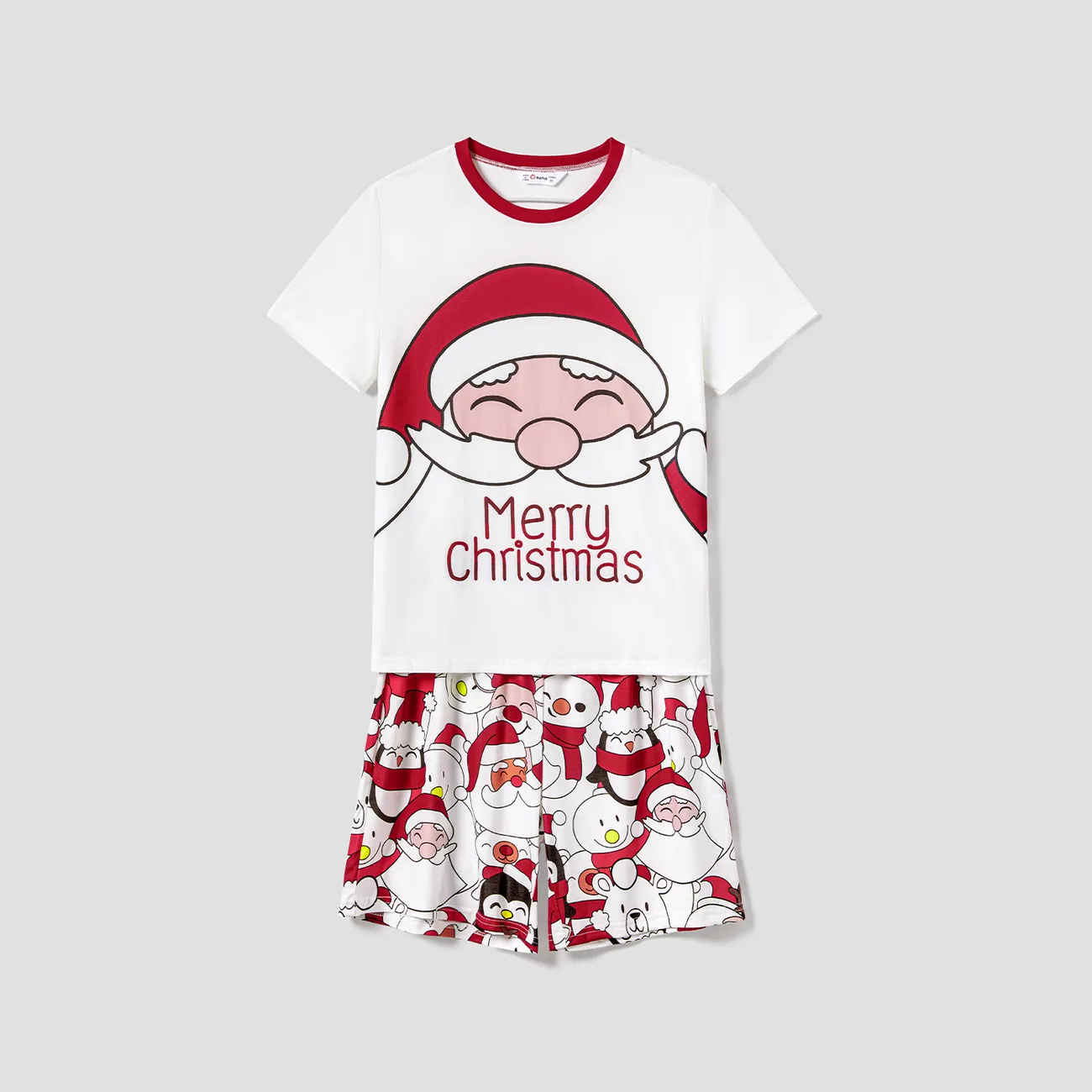 Christmas Santa and Snowman Print Family Matching Short-sleeve Tops and Shorts Pajamas Sets (Flame Resistant) White big image 1