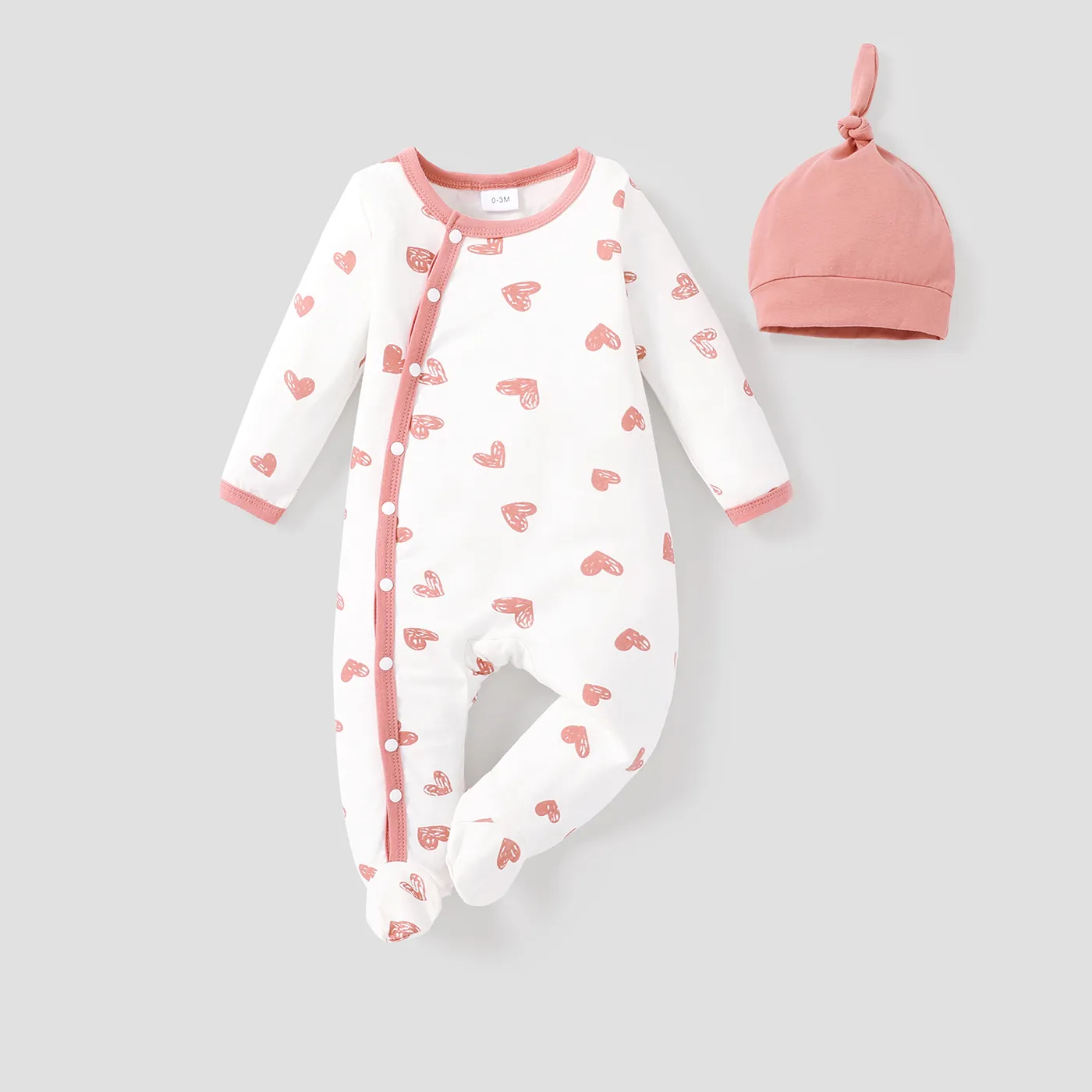 2pcs Baby 95% Cotton Long-sleeve Love Heart Print Footed Jumpsuit with Hat Set Beige
