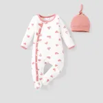 2pcs Baby 95% Cotton Long-sleeve Love Heart Print Footed Jumpsuit with Hat Set Beige