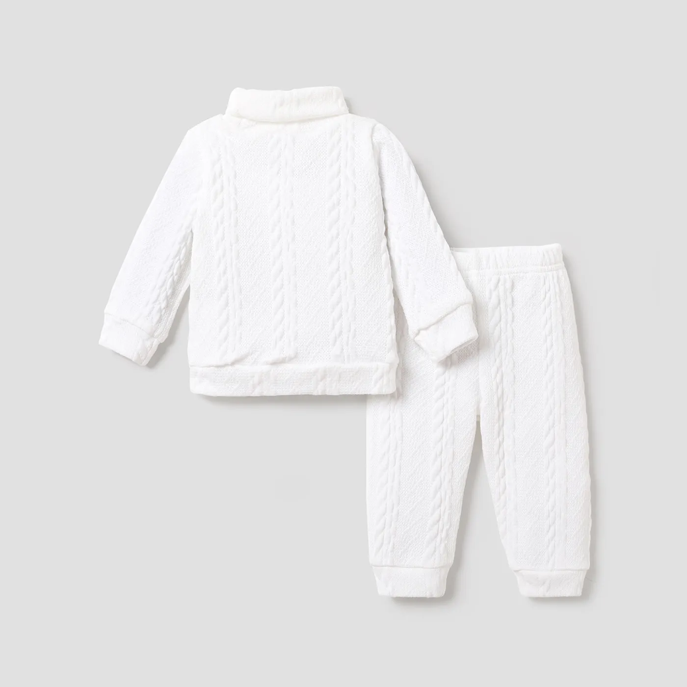 2pcs Teddy and Heart Applique Knitted Turtleneck Long-sleeve White Baby Set White image 4