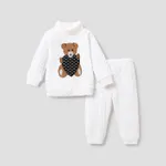 2pcs Teddy and Heart Applique Knitted Turtleneck Long-sleeve White Baby Set White