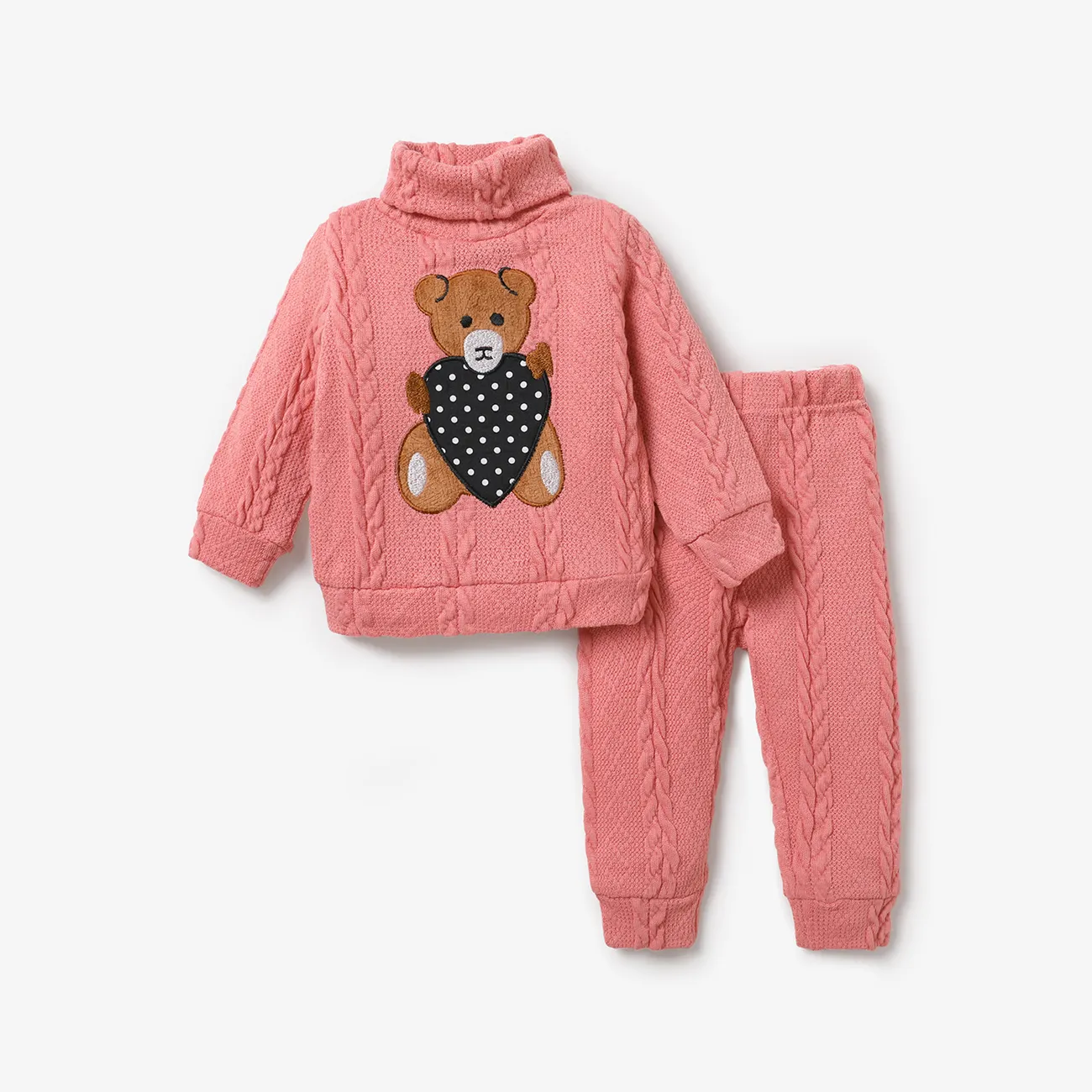 2pcs Teddy and Heart Applique Knitted Turtleneck Long-sleeve White Baby Set Pink big image 1