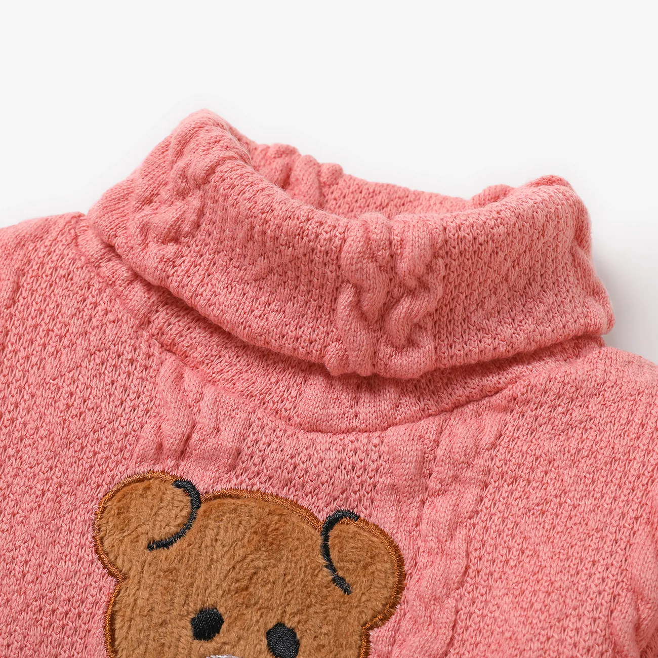 2pcs Teddy and Heart Applique Knitted Turtleneck Long-sleeve White Baby Set Pink big image 1