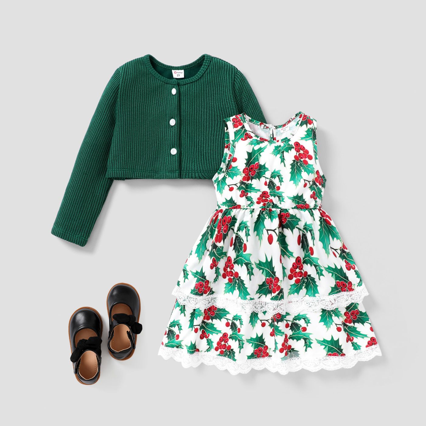

Toddler Girl Solid Top/Christmas multi-layered Dress Set