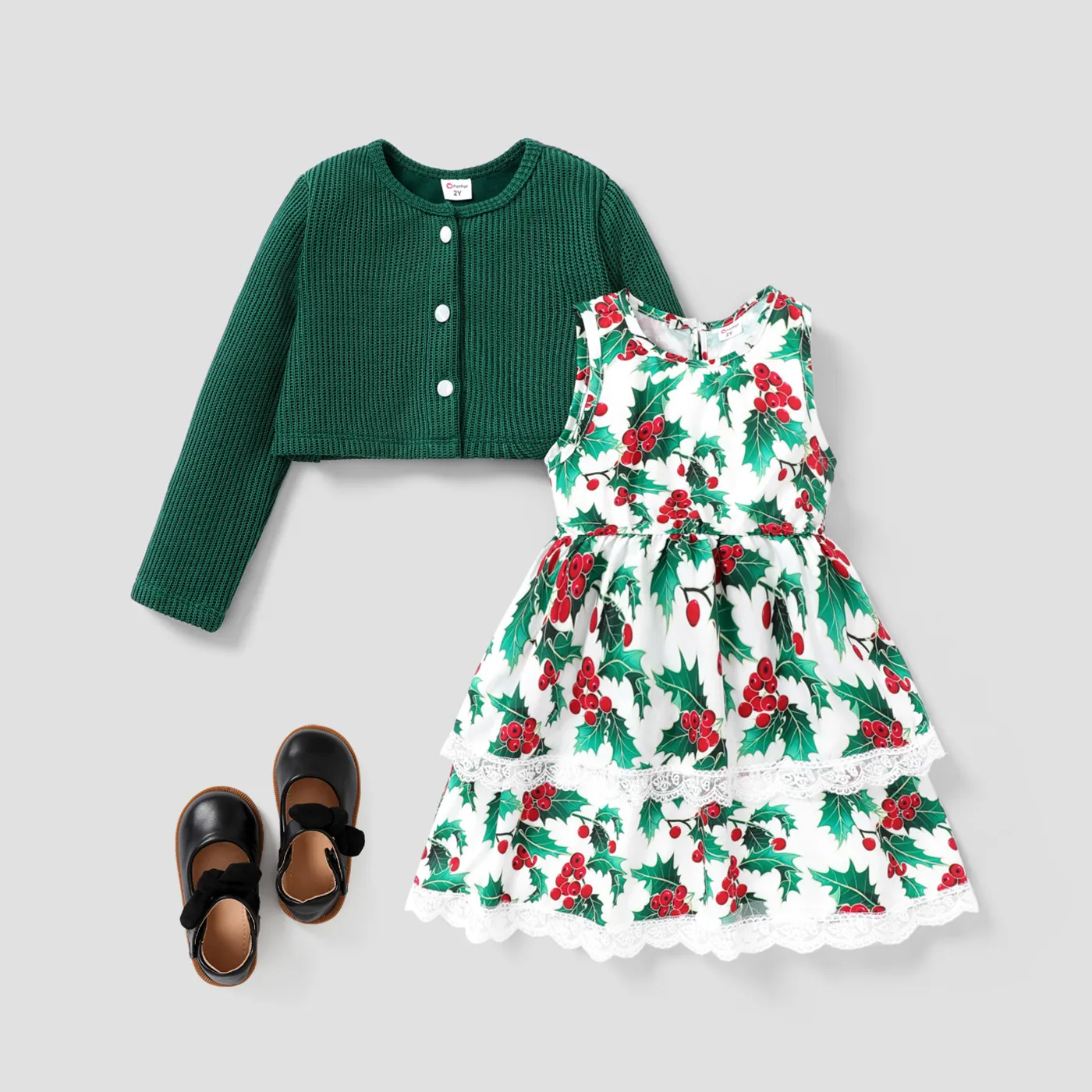 Toddler Girl Solid Top/Christmas multi-layered Dress Set