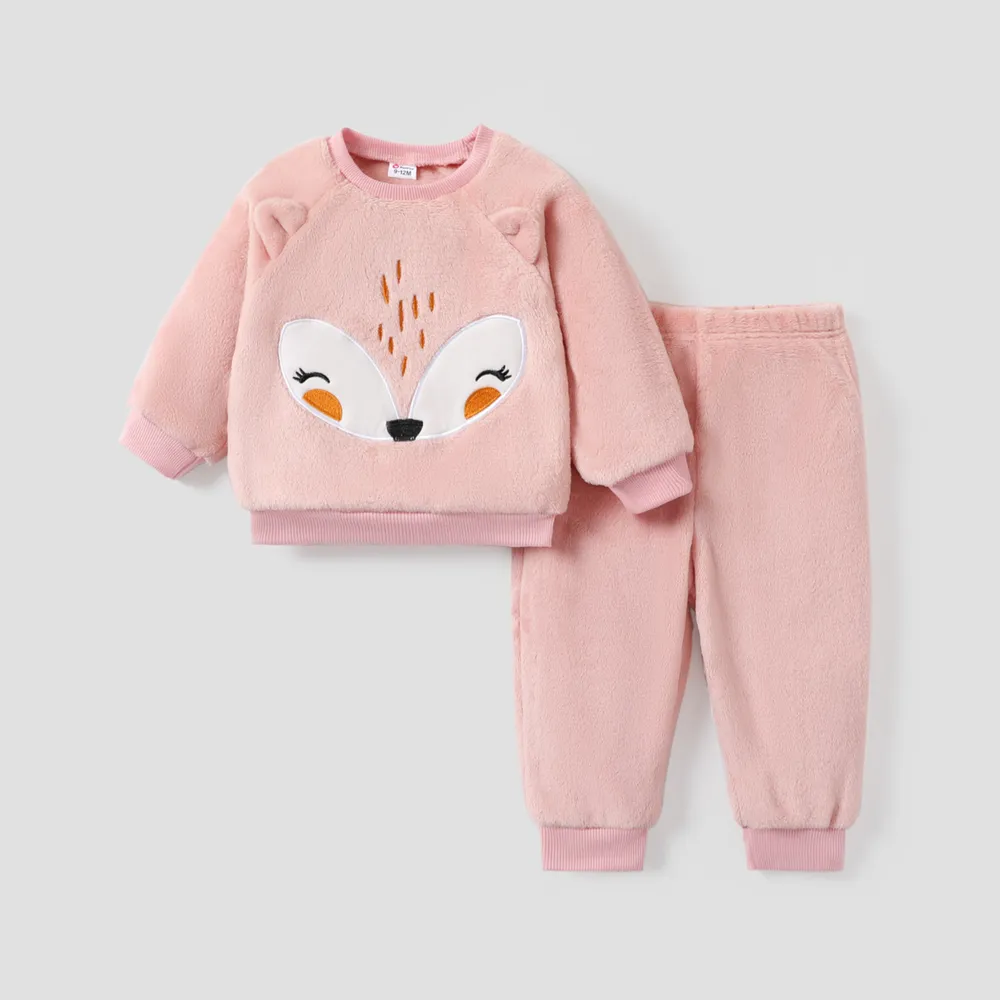 2pcs Baby Girl Fox Ears Design Embroidered Fleece Long-sleeve Pullover and Pants Set  big image 1