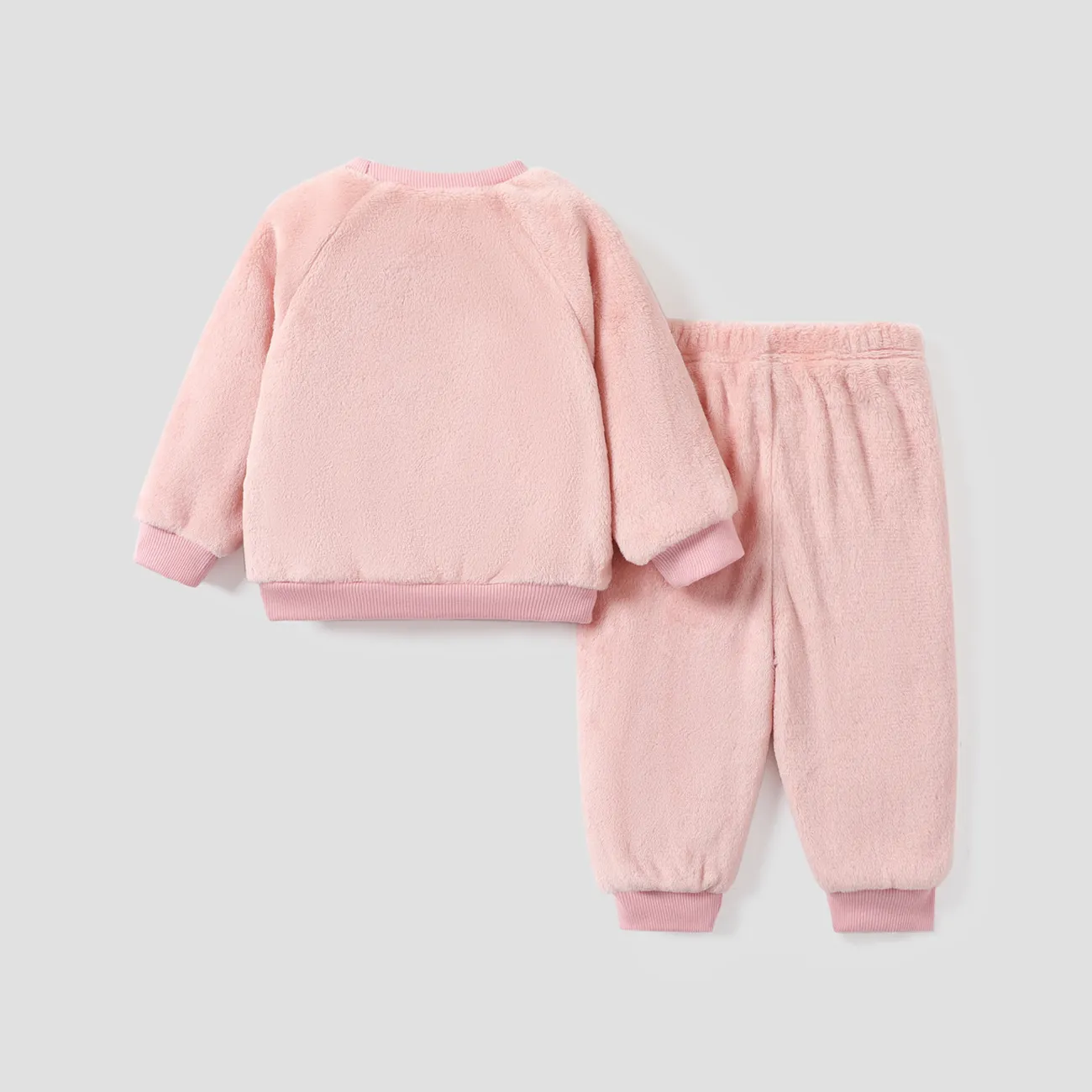 2pcs Baby Girl Fox Ears Design Embroidered Fleece Long-sleeve Pullover and Pants Set Pink big image 1