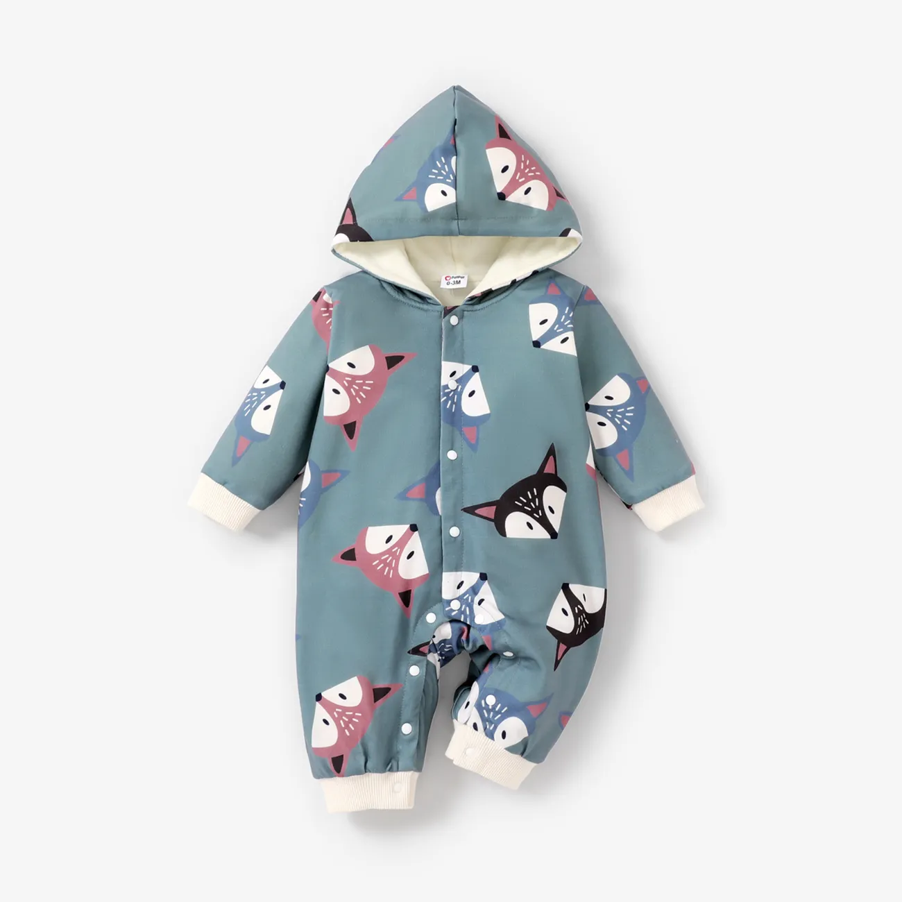 Baby Boy/Girl Long-sleeve Fox Print Hooded Fleece Lined Jumpsuit Bluish Grey big image 1