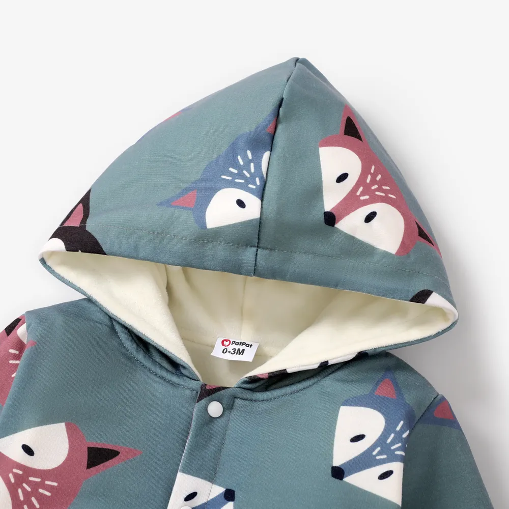 Baby Boy/Girl Long-sleeve Fox Print Hooded Fleece Lined Jumpsuit big image 3