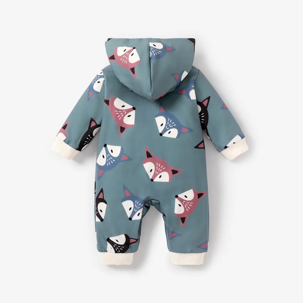 Baby Boy/Girl Long-sleeve Fox Print Hooded Fleece Lined Jumpsuit big image 2