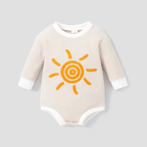 100% Cotton Baby Boy/Girl Sun Embroidered Long-sleeve Waffle Romper