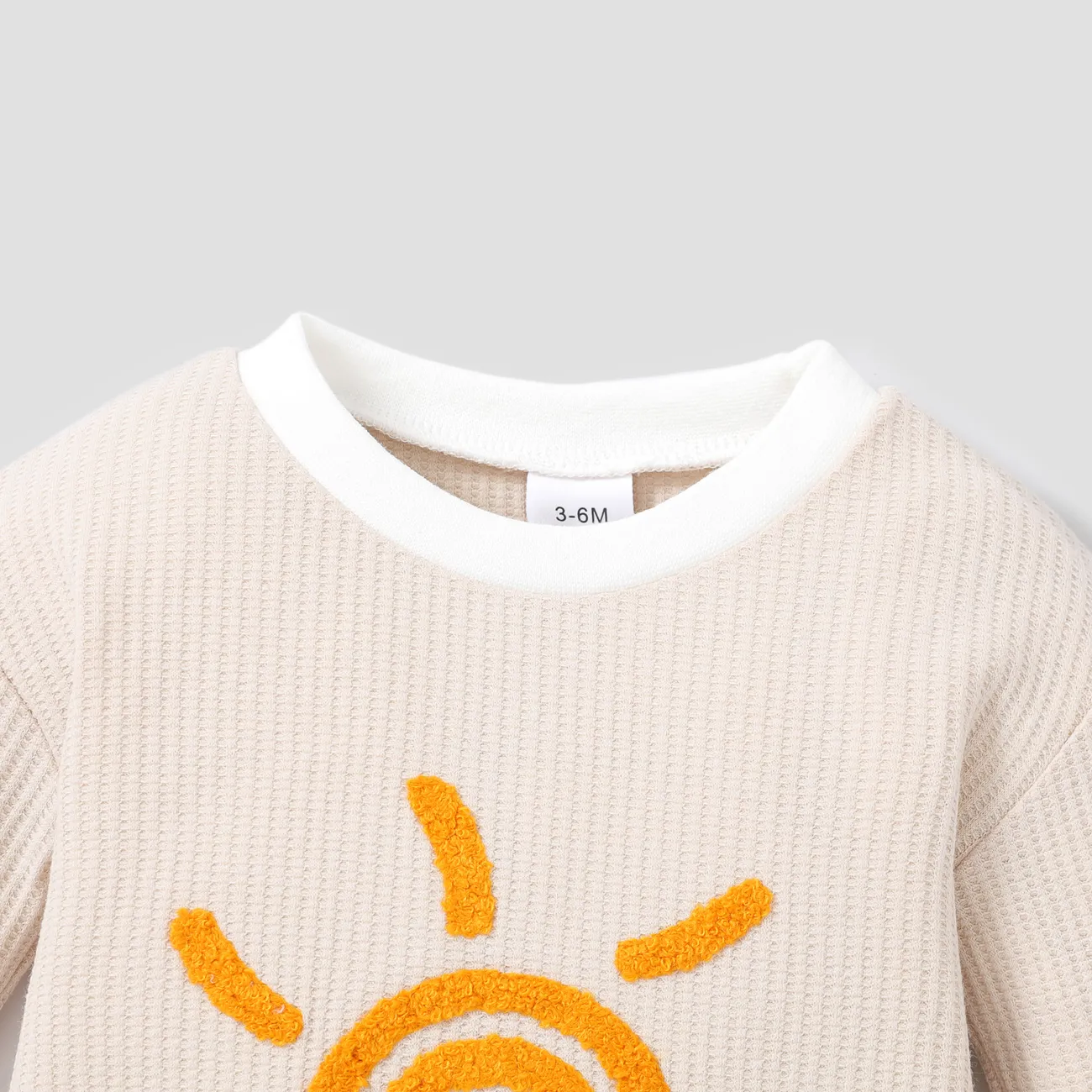 100% Cotton Baby Boy/Girl Sun Embroidered Long-sleeve Waffle Romper Apricot big image 1