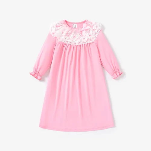 Toddler/Kid Girl Solid Lace Ruffle Long Sleeves Nightdress