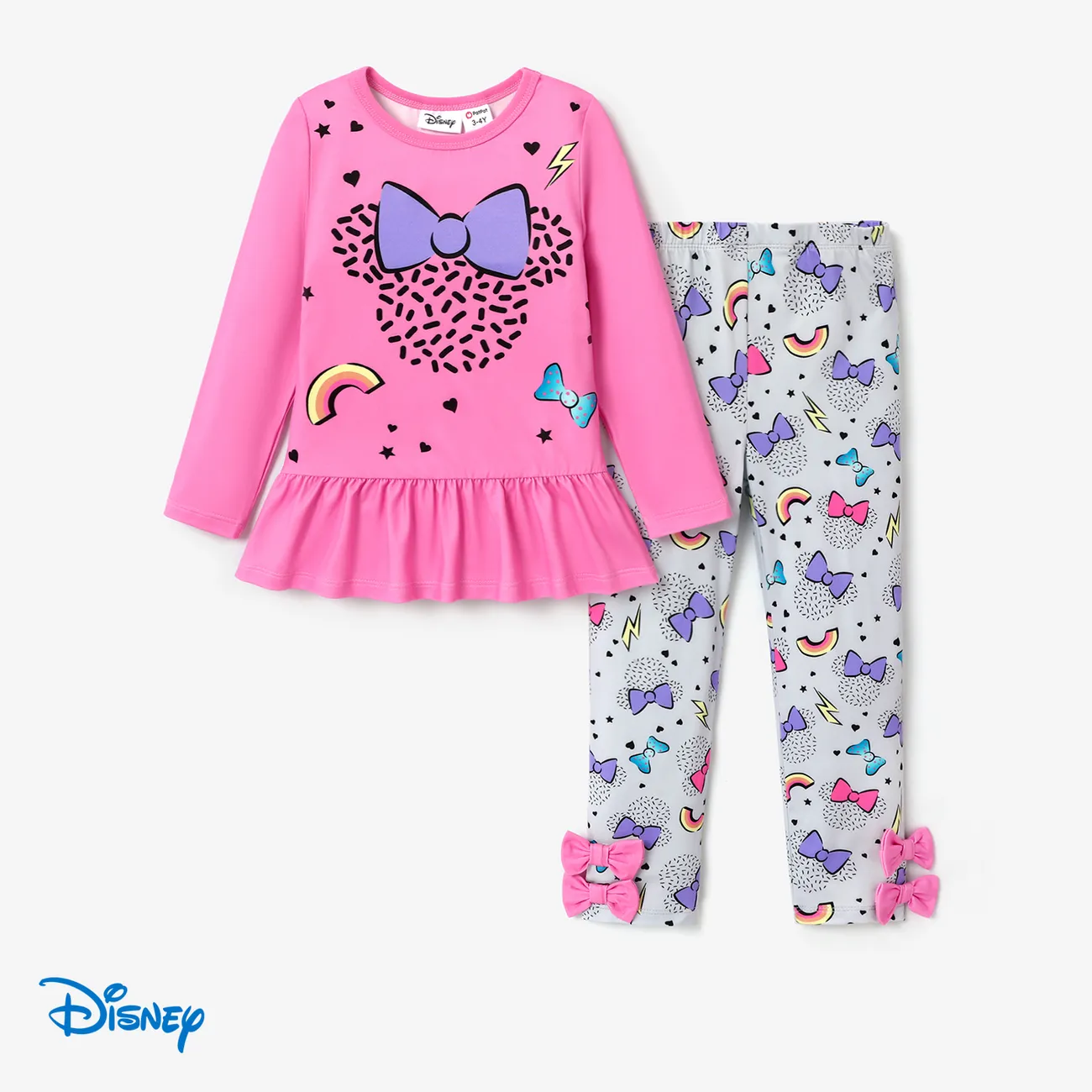 Disney Mickey and Friends Toddler Girl 2pcs Character Print Peplum Long-sleeve Tee and Bowknot Pants Set Hot Pink big image 1