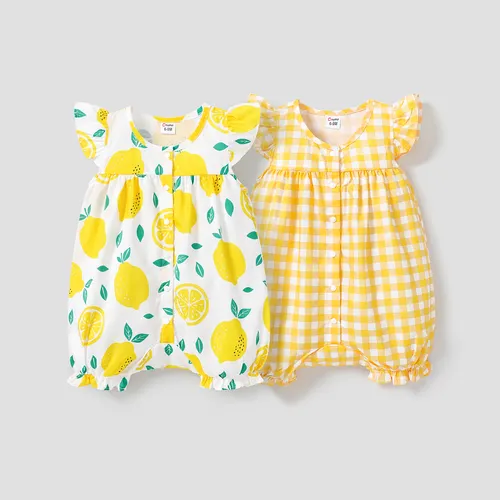 Baby Girl Allover Yellow Plaid/Lemon Print Flutter-sleeve Snap Romper