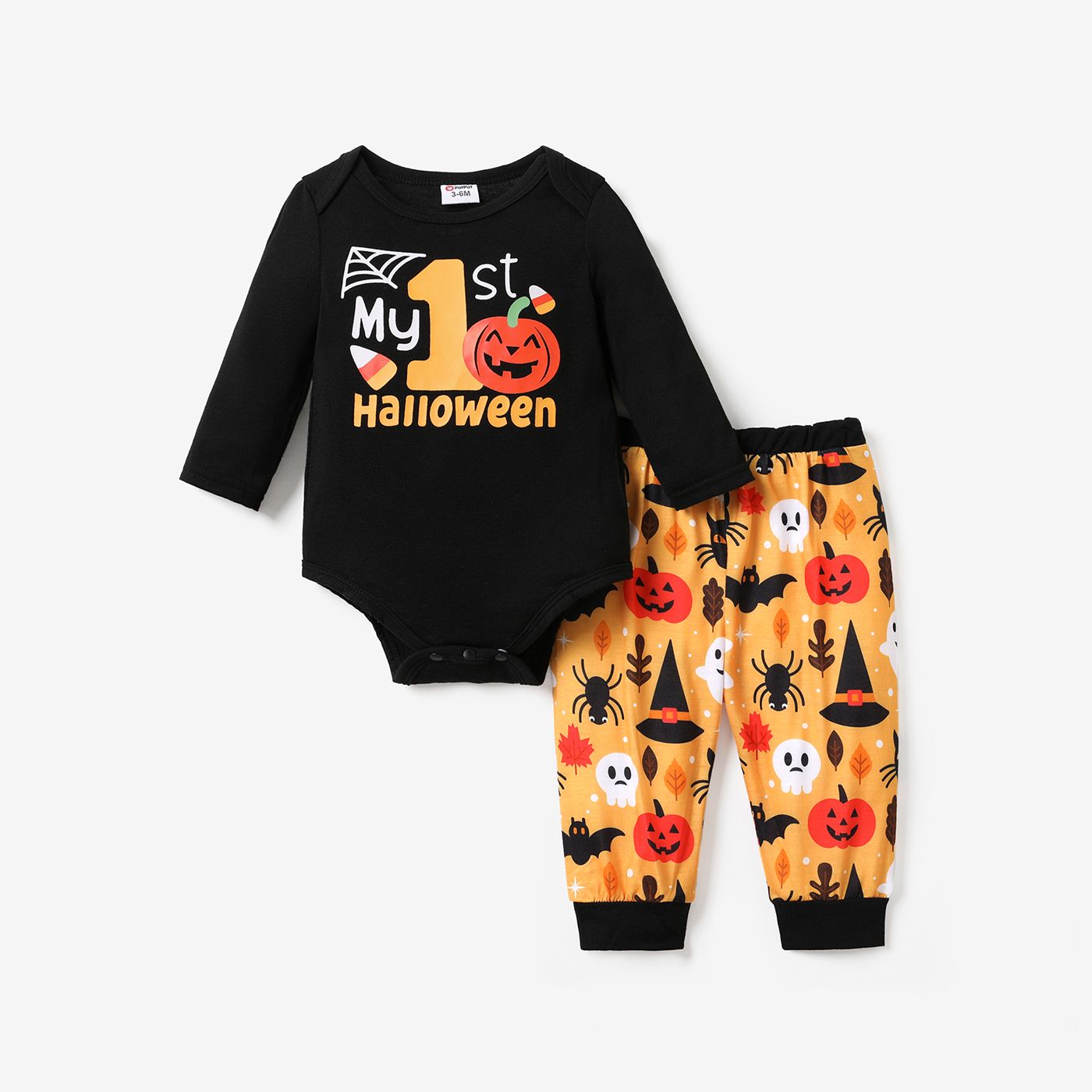 

Halloween 2pcs Baby Boy Long-sleeve Graphic Romper and Allover Print Pants Set
