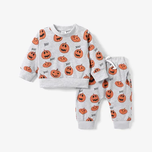 Halloween 2pcs Baby Boy/Girl Allover Pumpkin Print Long-sleeve Sweatshirt and Sweatpants Set
