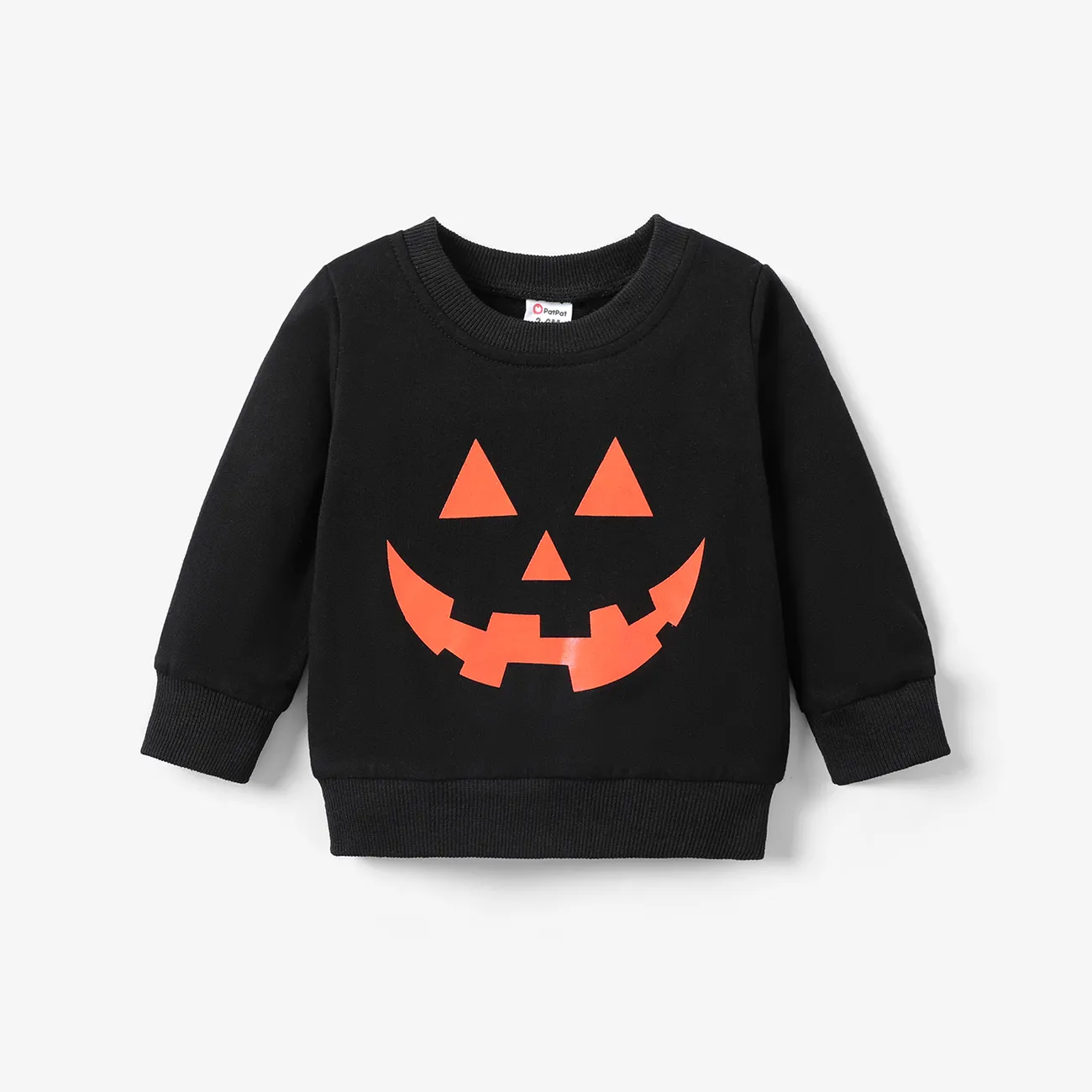 Halloween Baby Boy/Girl 100% Cotton Long-sleeve Glow In The Dark Pumpkin Face Print Sweatshirt Black big image 1