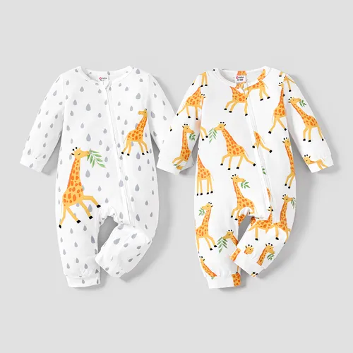 Baby Girl/Boy Giraffe Pattern Long Sleeve Jumpsuit with Zipper