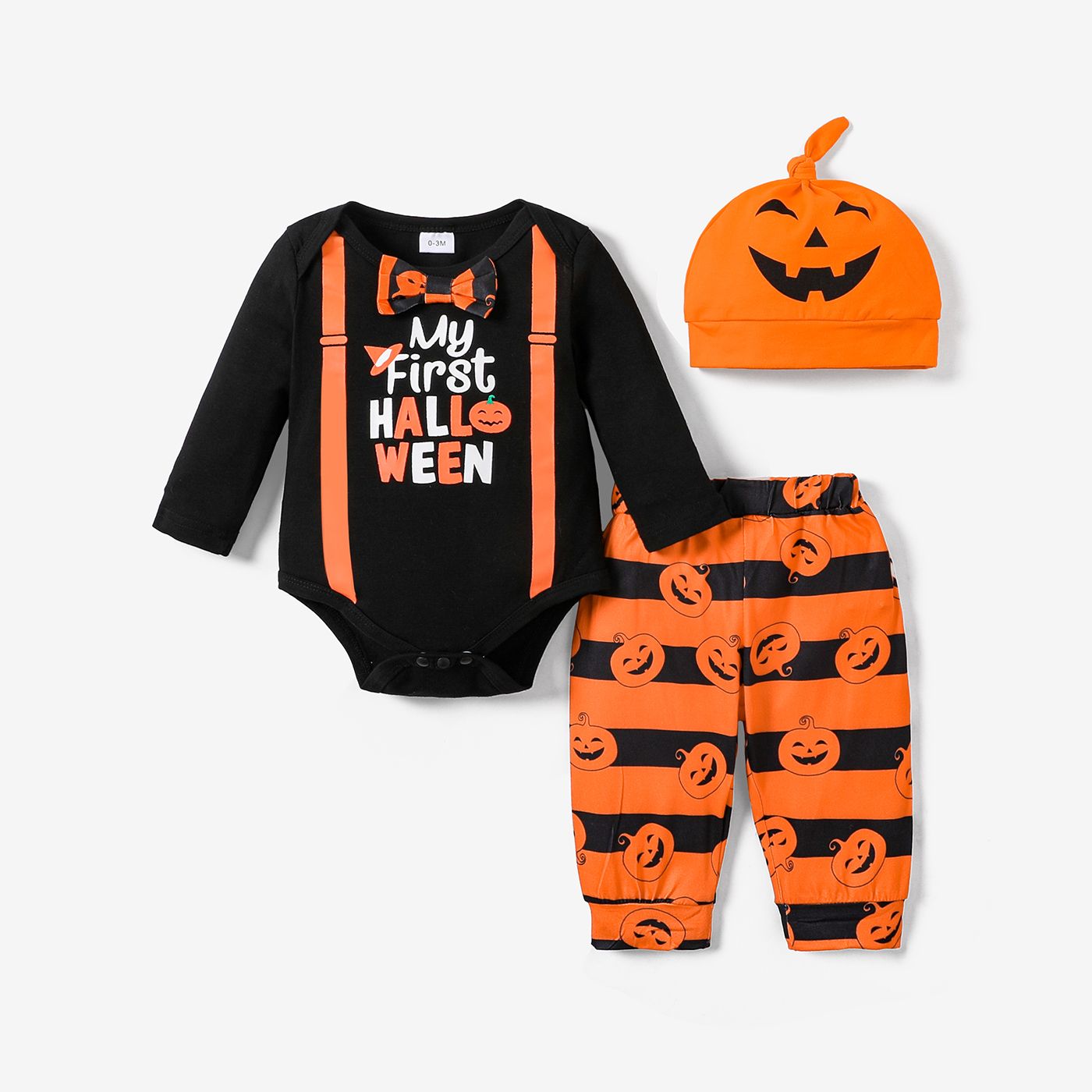 

Halloween 3pcs Baby Boy/Girl 95% Cotton Long-sleeve Pumpkin & Letter Print Romper and Striped Pants with Hat Set