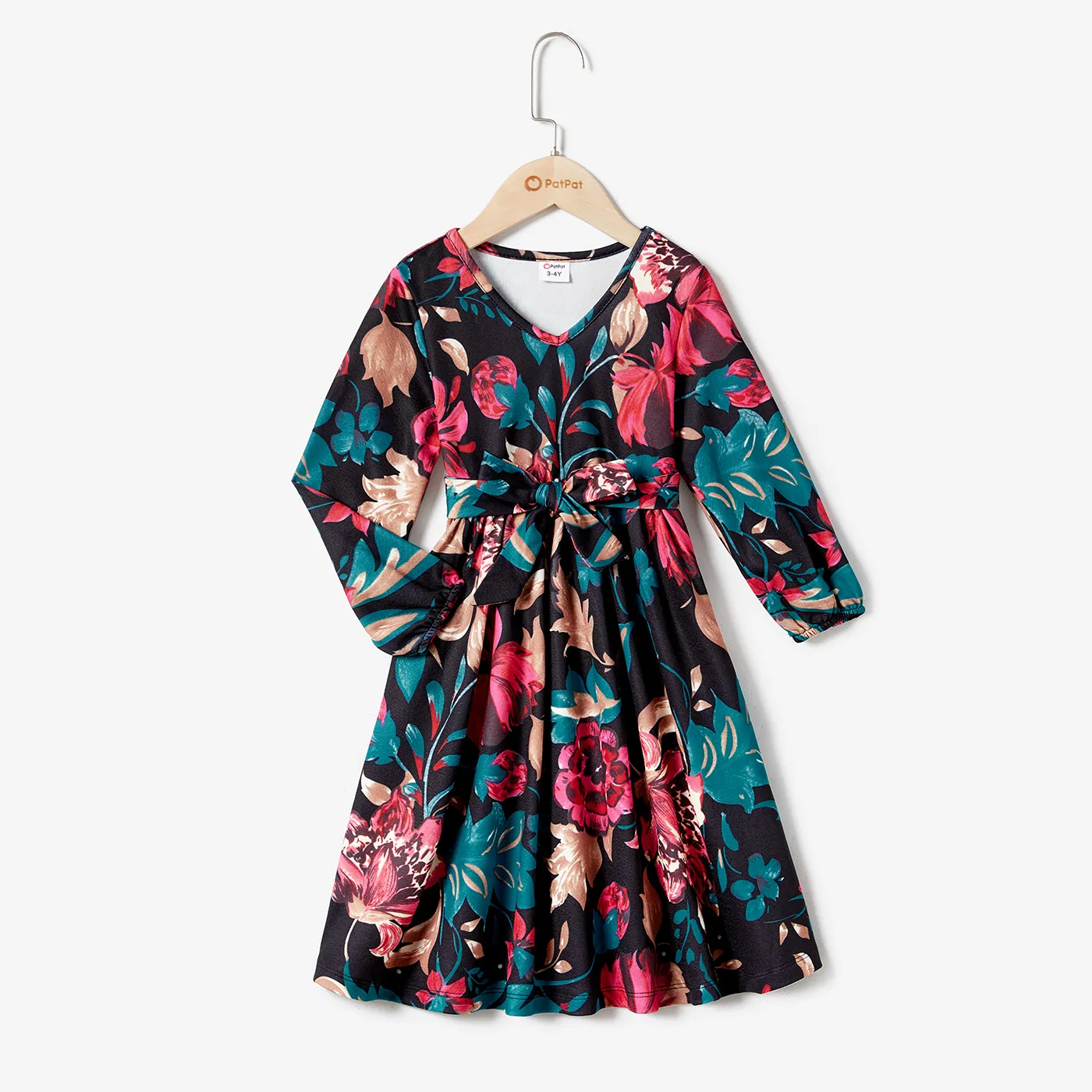 

All Over Floral Print Cross Wrap V Neck Belted Long-sleeve Dress for Mom and Me