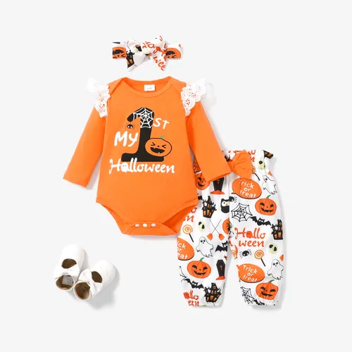 Halloween 3pcs Baby Girl 95% Cotton Long-sleeve Graphic Lace Detail Romper and Allover Print Pants with Headband Set