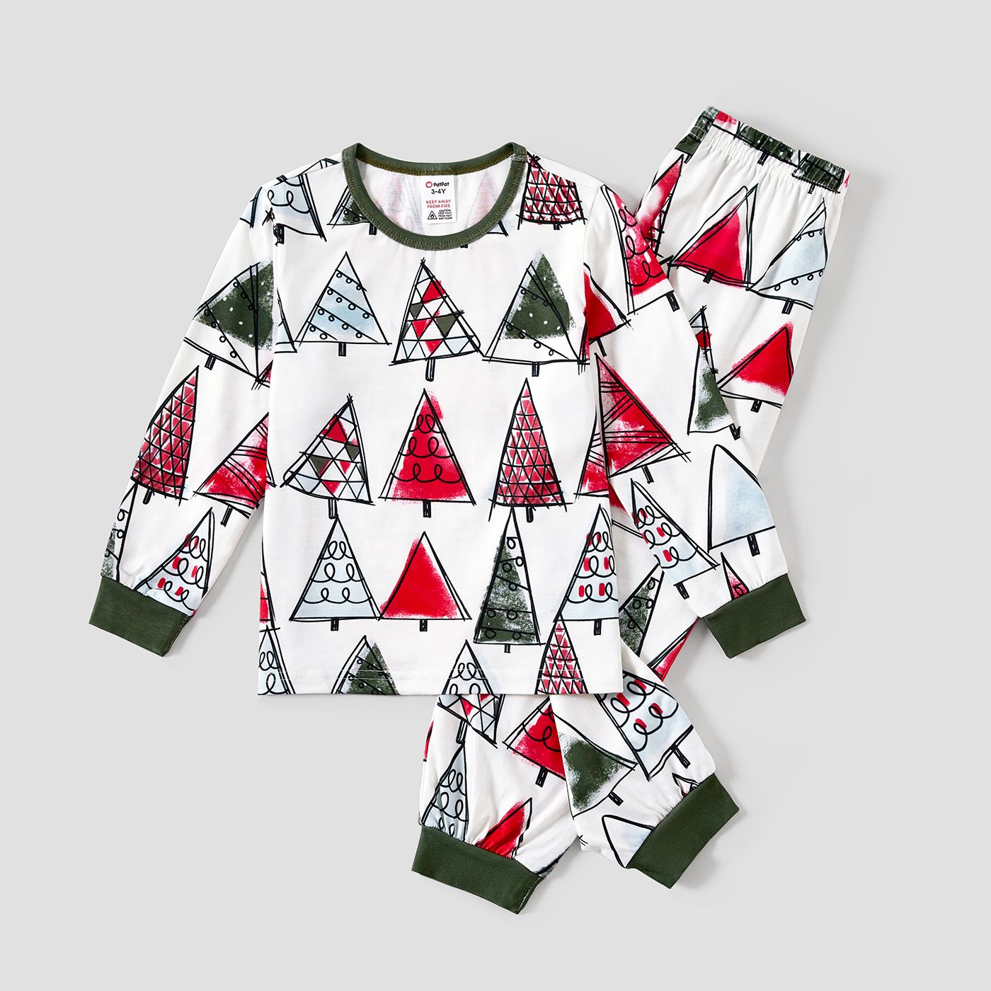 Christmas Cartoon Tree Print Family Matching Contrast Sleeves Pajamas Sets (Flame Resistant)