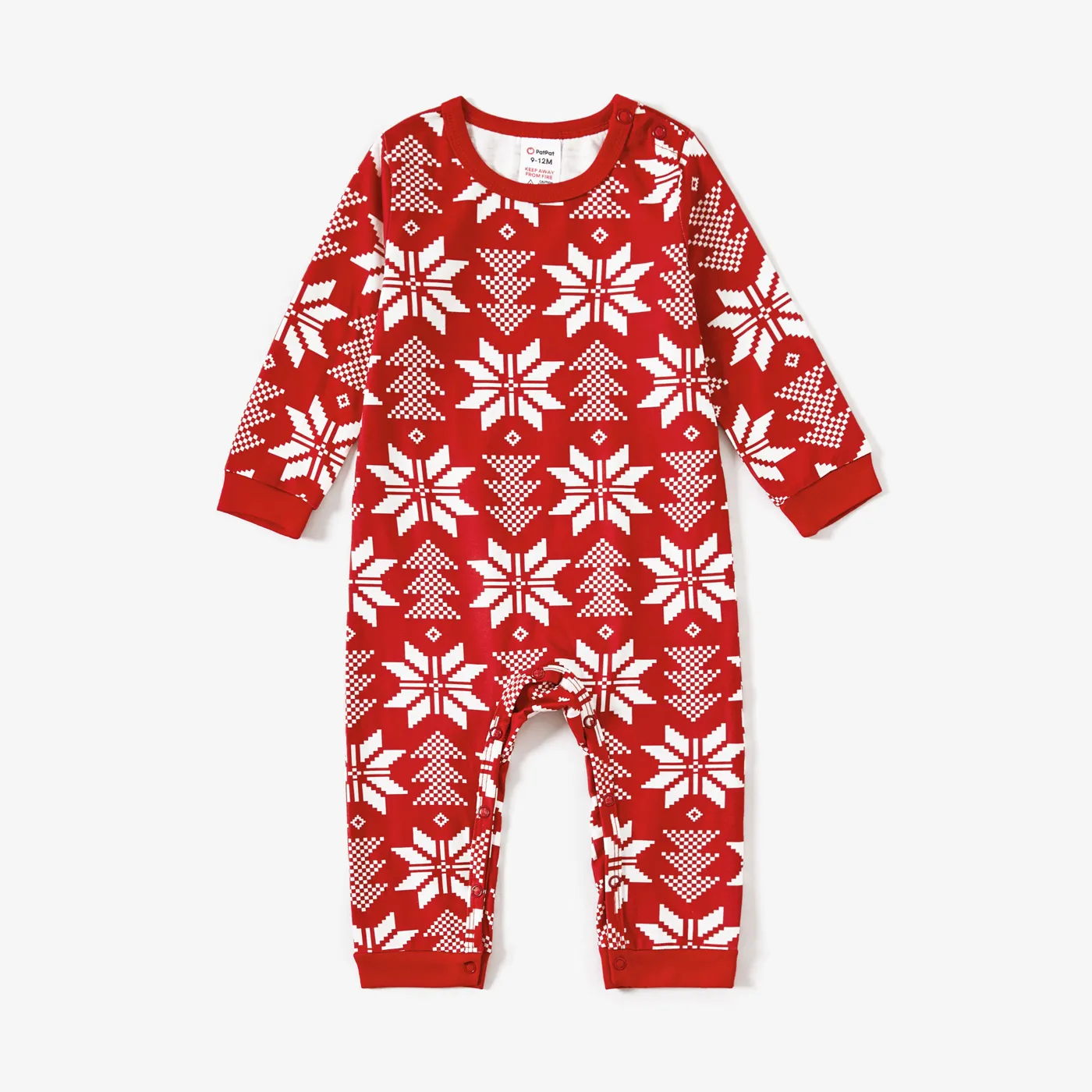 Christmas Snowflake Allover Print Notched Collar button-down Shirt and Pants Family Matching Pajamas Sets (Flame Resistant) Red big image 1