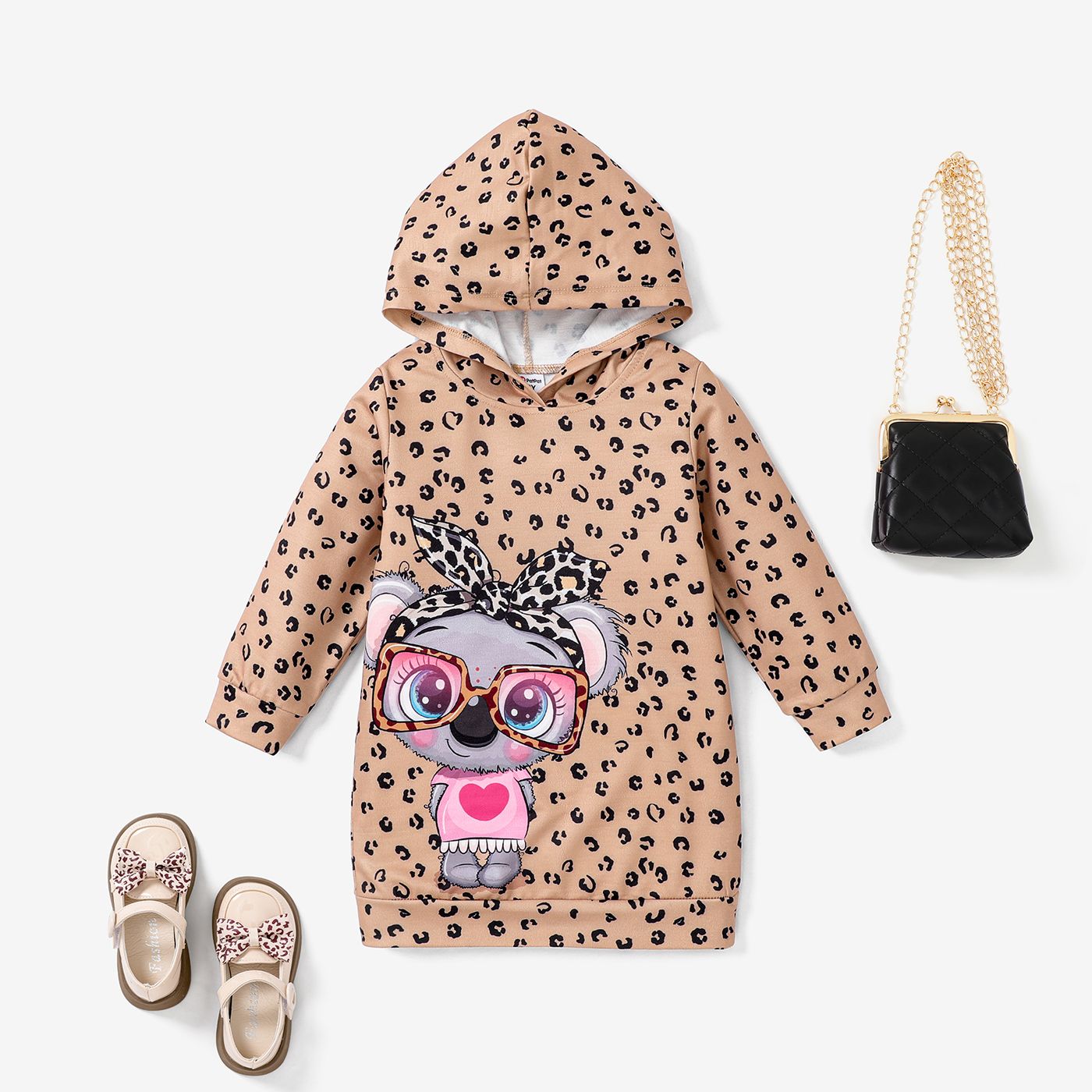 

Toddler Girl Childlike Leopard Pattern Hooded Long Sleeve Dress