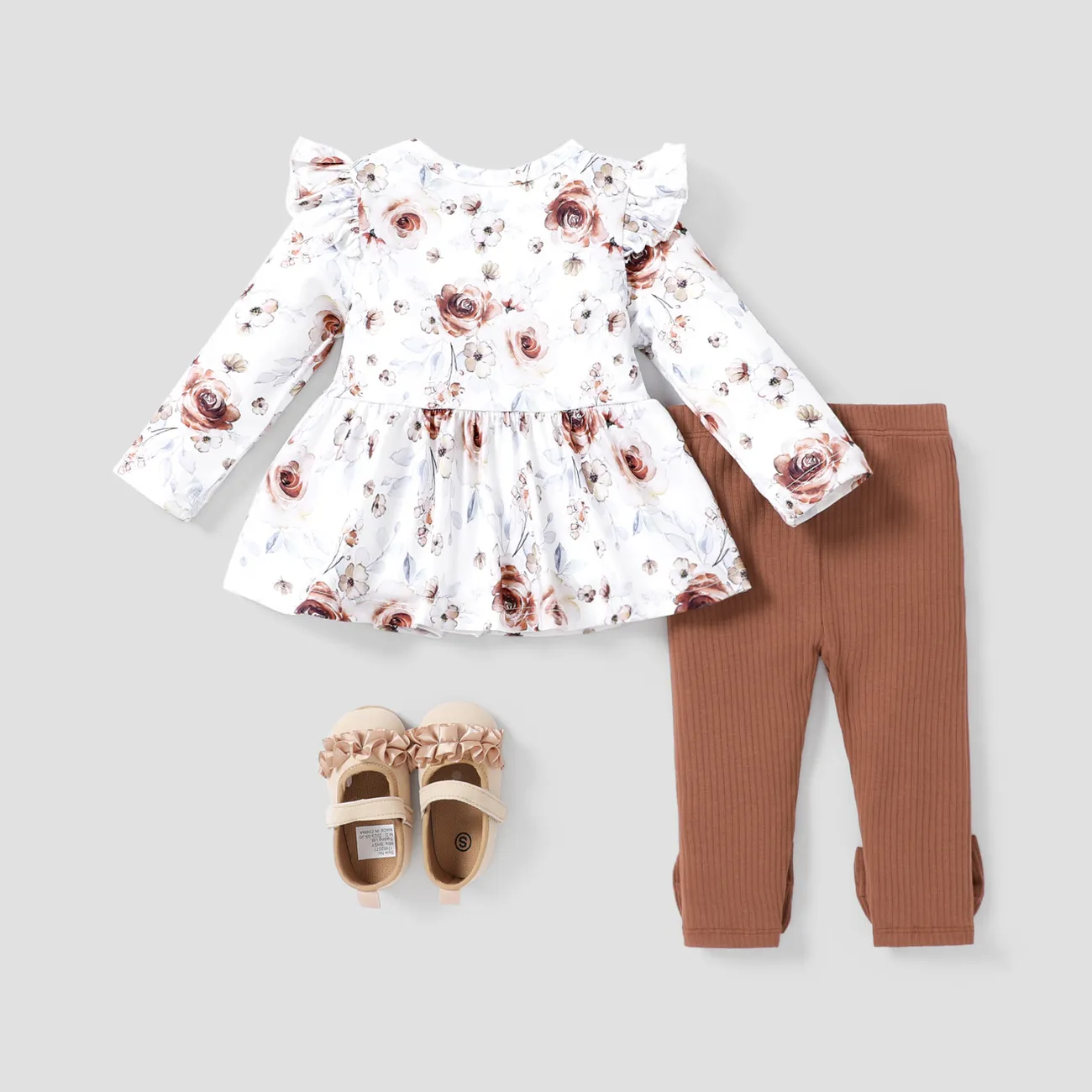 2PCS Baby Girl Sweet Floral Print Flutter Sleeve Top and Solid Pant Set
 Brown big image 1