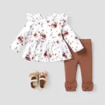 2PCS Baby Girl Sweet Floral Print Flutter Sleeve Top and Solid Pant Set
 Brown
