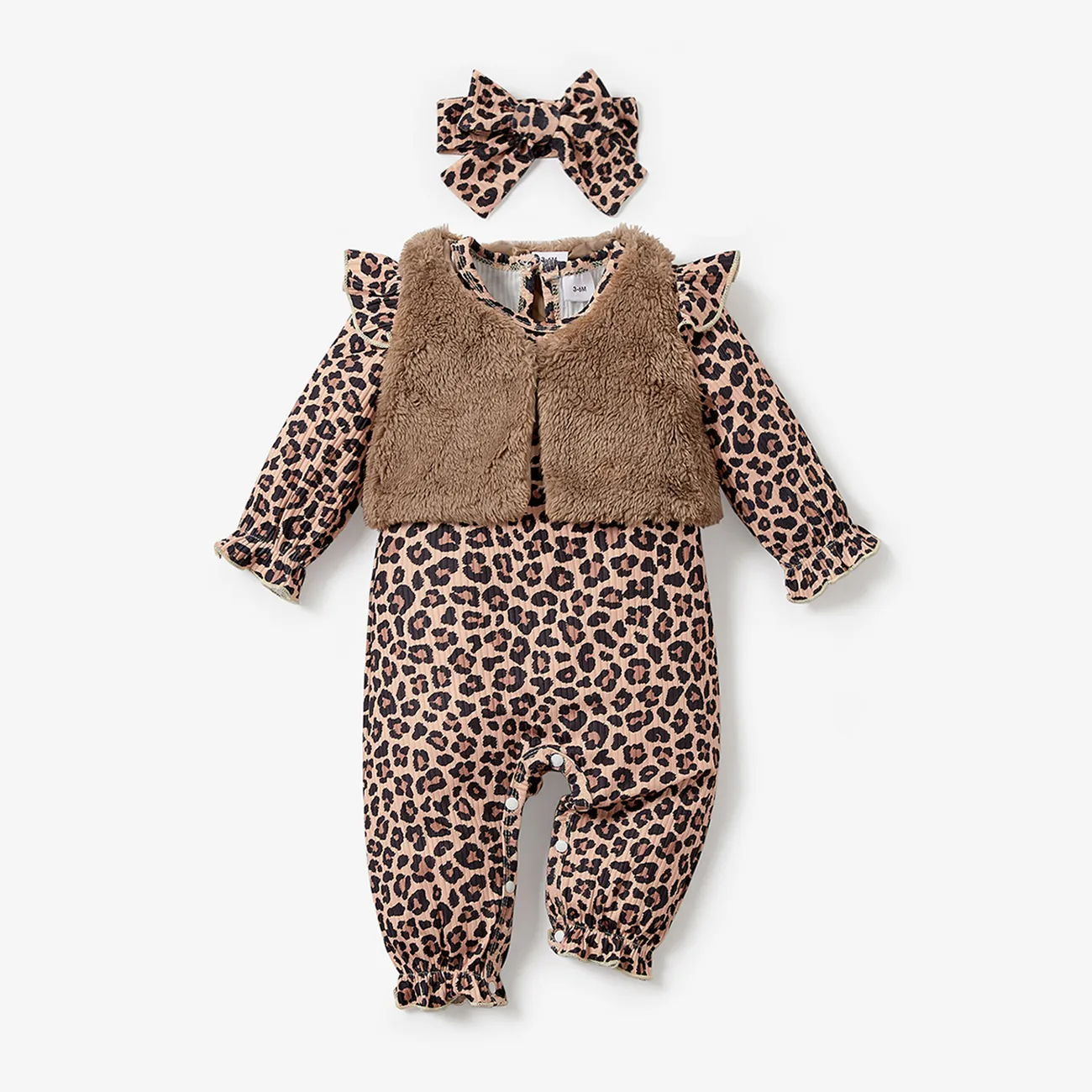 3pcs Baby All Over Leopard Long-sleeve Jumpsuit and Fuzzy Fleece Vest Set Khaki big image 1