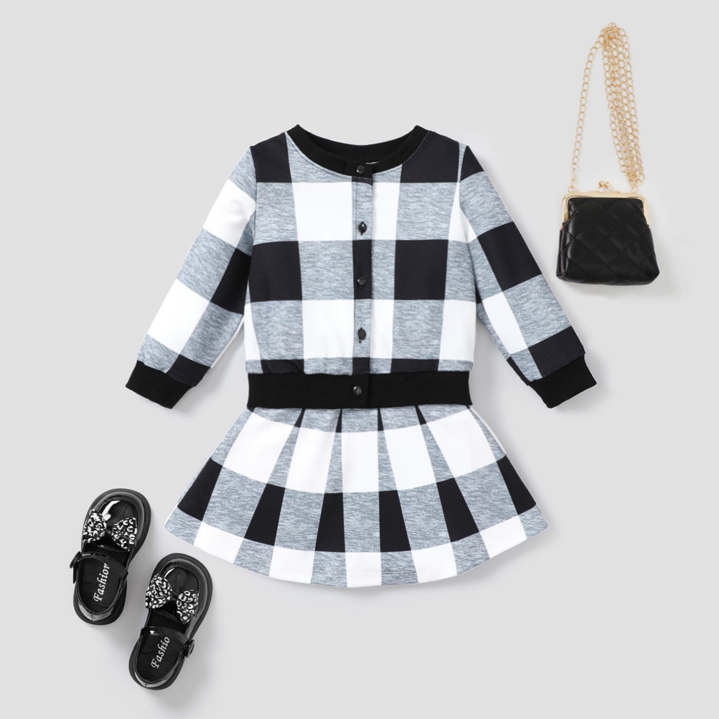 2PCS Toddler Girl Button/Secret Button Design Geometric Pattern School Dress Set