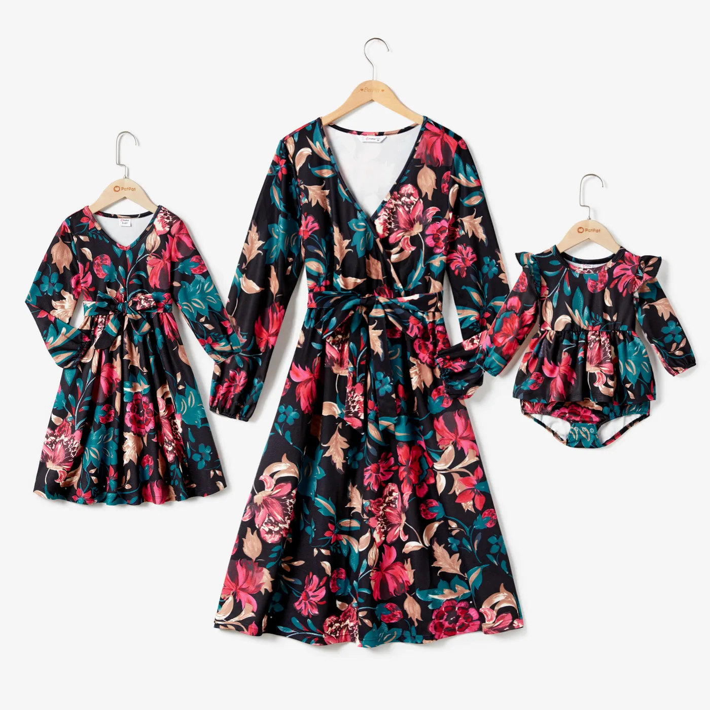 All Over Floral Print Cross Wrap V Neck Belted Long-sleeve Dress Pour Maman Et Moi
