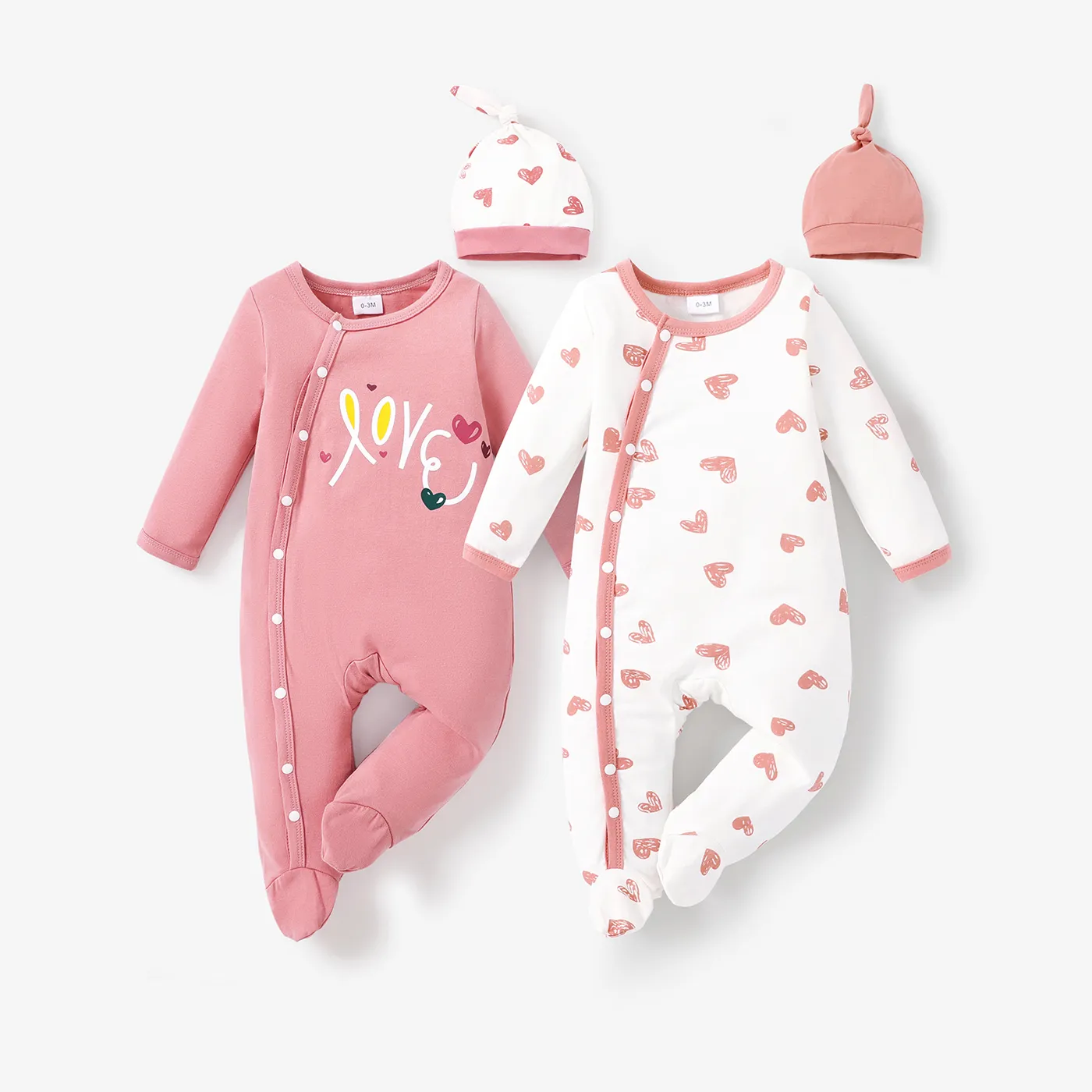2pcs Baby 95% Cotton Long-sleeve Love Heart Print Footed Jumpsuit with Hat Set