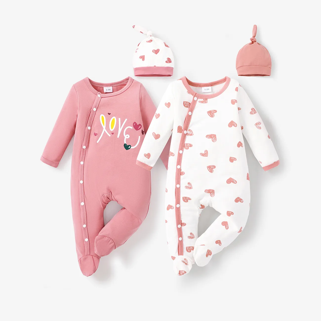2pcs Baby Valentine's Day 95% Cotton Love Heart Print Footed Jumpsuit with Hat Set Pink big image 1