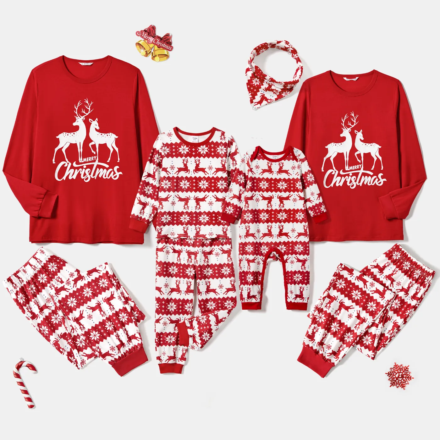 Christmas Family Matching Reindeers Print Long-sleeve Pajamas Sets (Flame Resistant) Red image 2