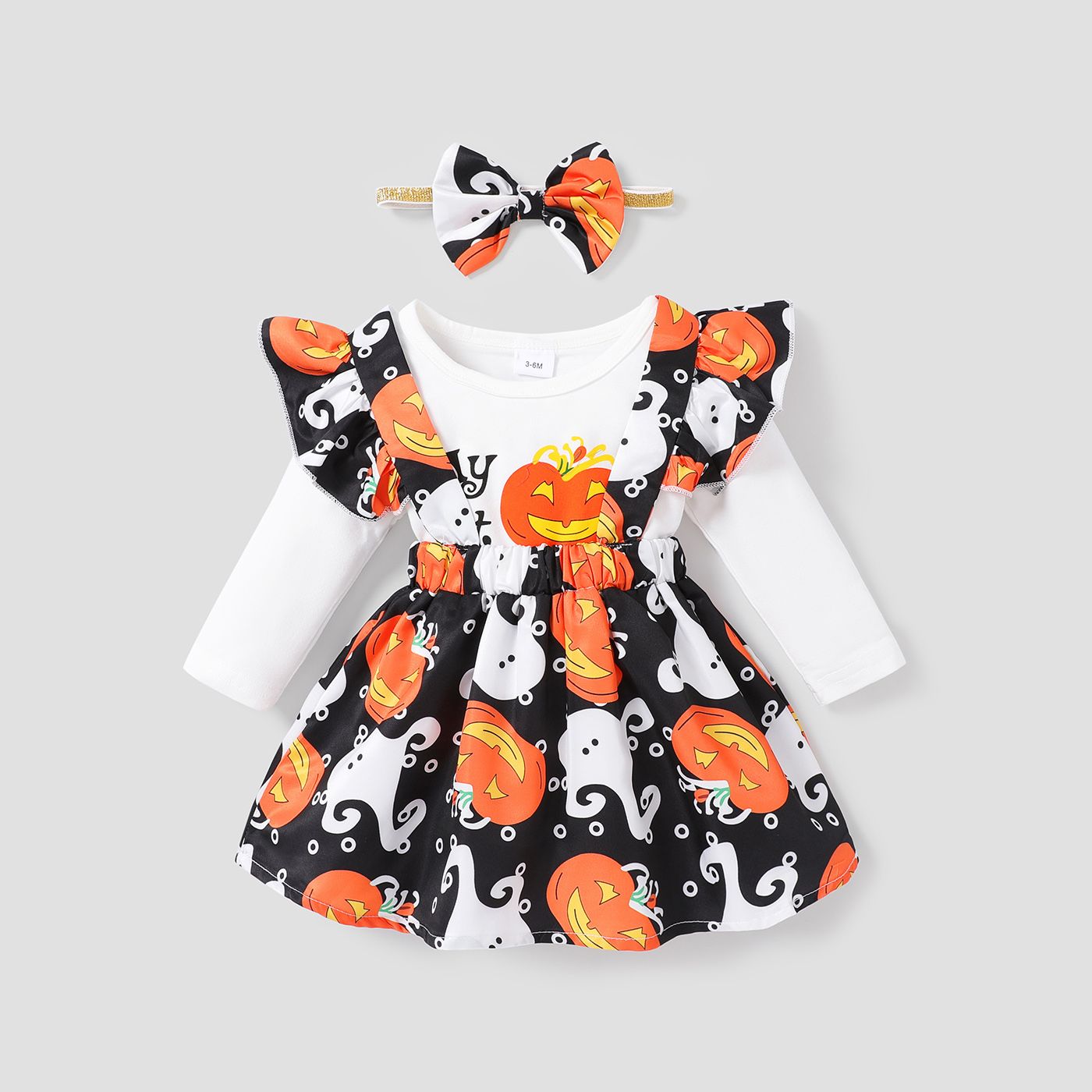 

Halloween 3pcs Baby Girl 95% Cotton Long-sleeve Graphic Romper and Allover Pumpkin & Ghost Print Ruffle Suspender Skirt with Headband Set
